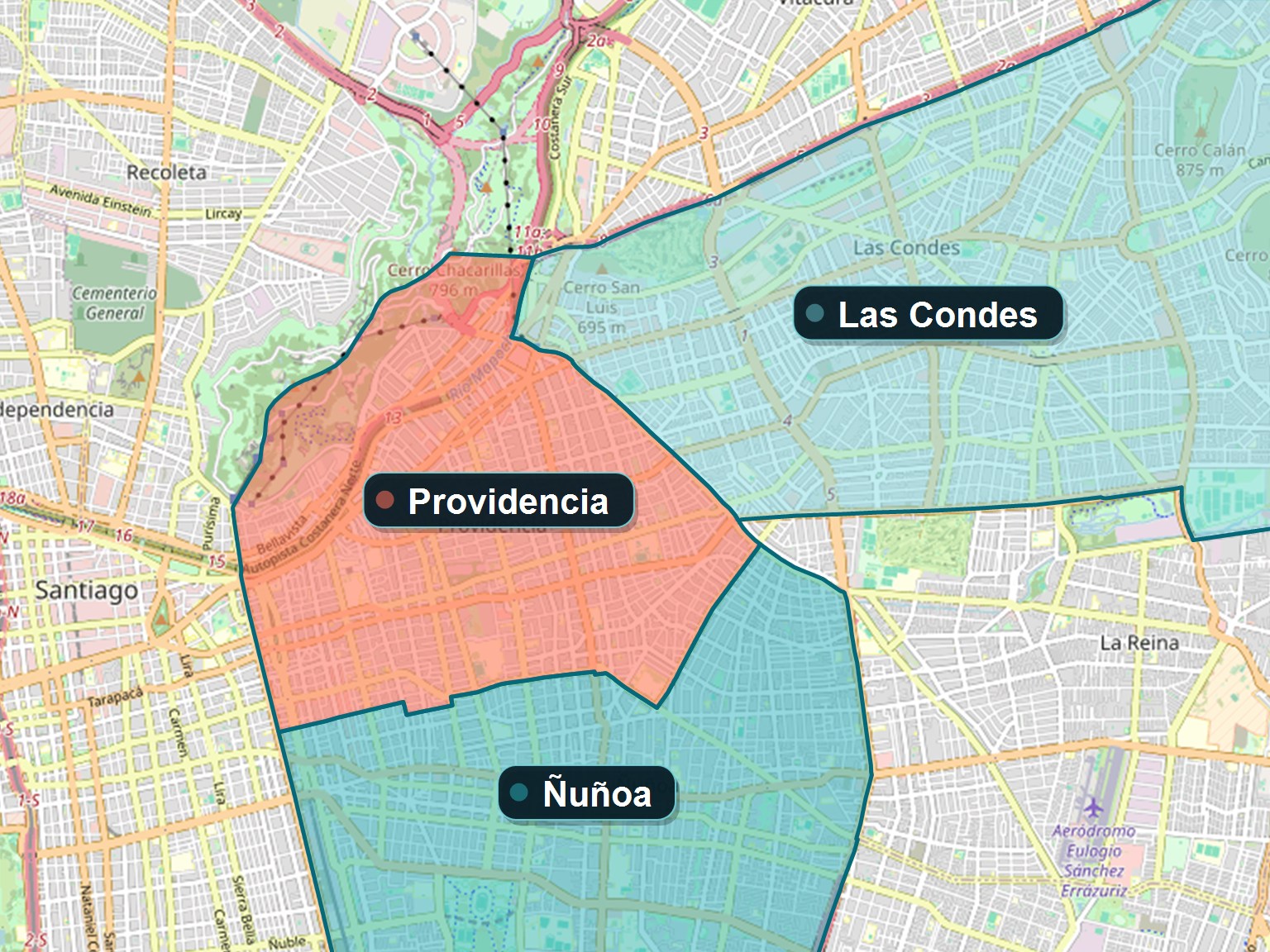 Mapa de cobertura urbana de Congelados Romasil en Providencia, Ñuñoa y Las Condes