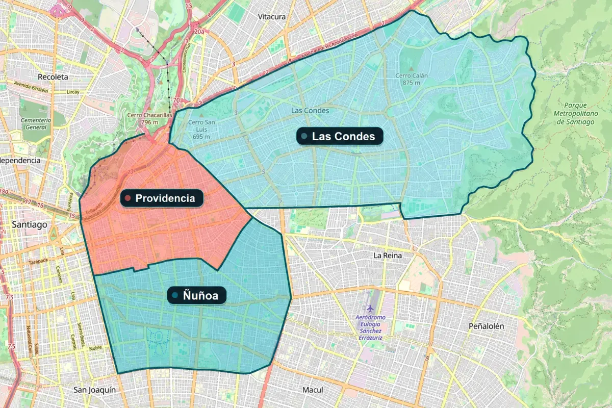 Mapa de cobertura en Providencia, Ñuñoa y Las Condes