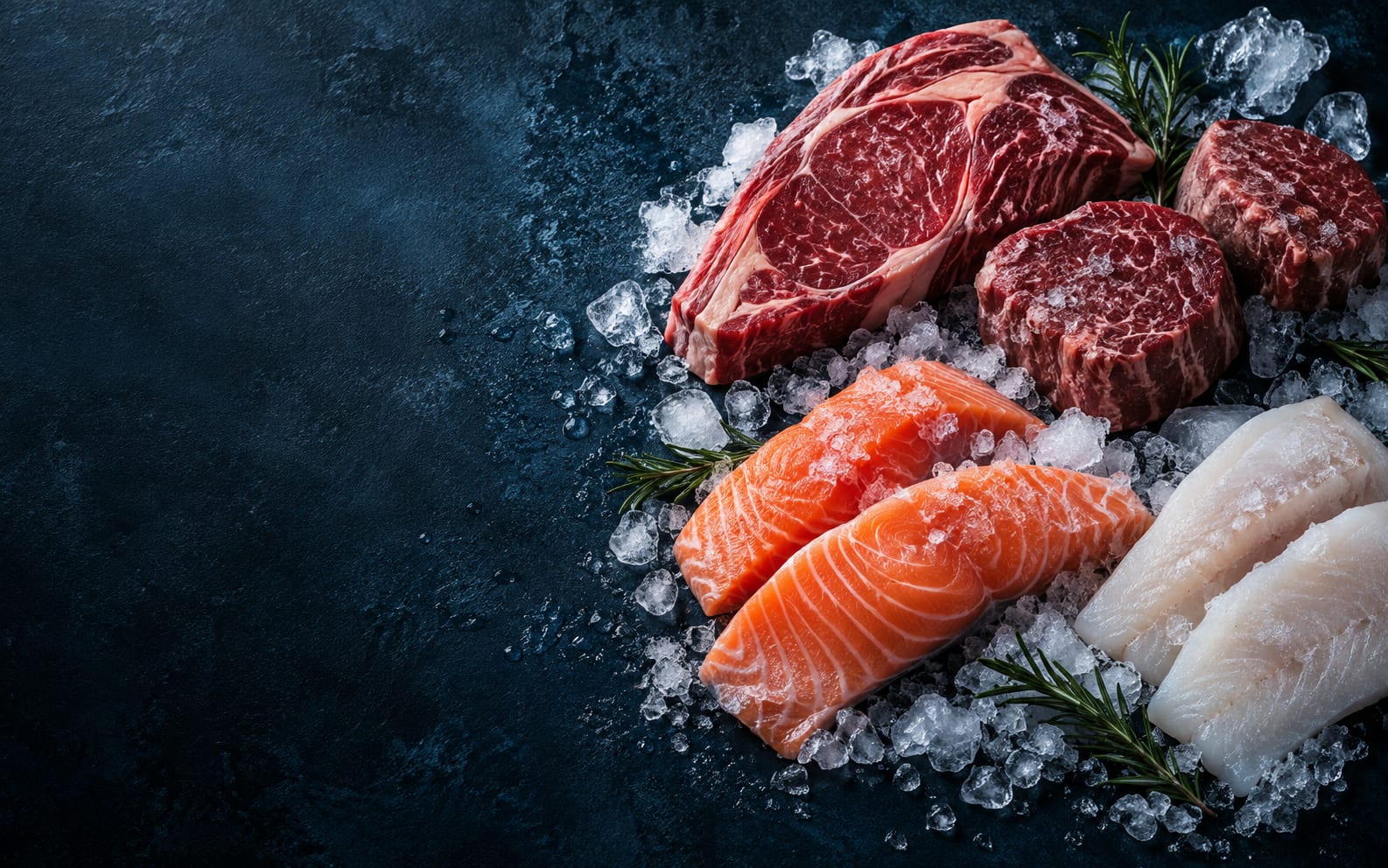 Selección de carnes y pescados congelados sobre hielo